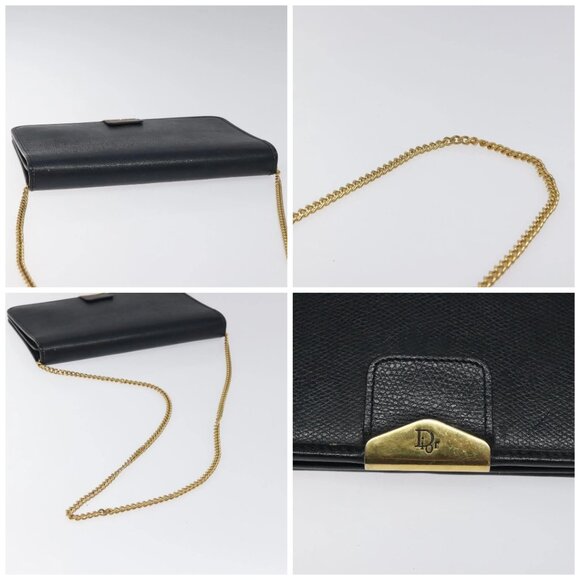 Christian Dior Chain Shoulder Bag Leather Navy Gold Auth BA567